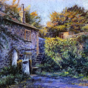 This is a signed limited edition print of an original soft pastel painting by artist Michael Howley. The subject of the painting is a chracterful stone cottage with a white gate, surrounded by autumn trees on a bright morning.