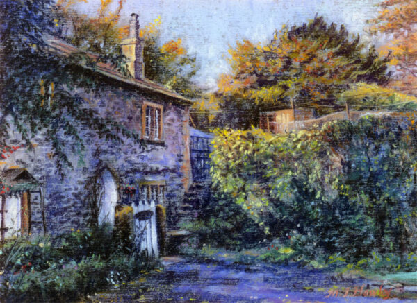 This is a signed limited edition print of an original soft pastel painting by artist Michael Howley. The subject of the painting is a chracterful stone cottage with a white gate, surrounded by autumn trees on a bright morning.