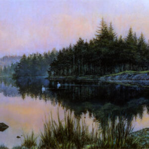 This is a signed limited edition print from an original soft pastel painting by artist Michael Howley. This panoramic view is of a tranquil daybreak across the lake in soft pinks, blues and greens. There are banks and islands of fir trees which are perfectly reflected in the still waters of early morning. The lighting is low key and atmospheric.