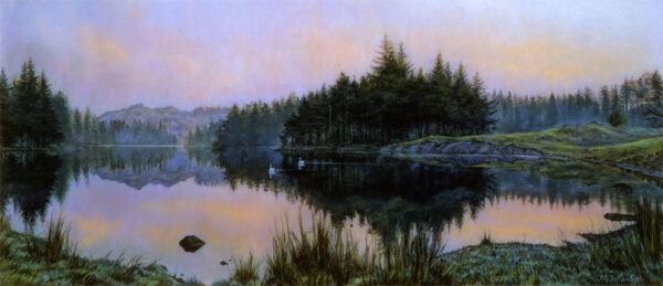 This is a signed limited edition print from an original soft pastel painting by artist Michael Howley. This panoramic view is of a tranquil daybreak across the lake in soft pinks, blues and greens. There are banks and islands of fir trees which are perfectly reflected in the still waters of early morning. The lighting is low key and atmospheric.