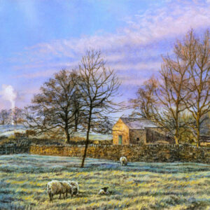 This is a signed limited edition print from an original soft pastel painting by artist Michael Howley. This scene captures the frost on the grass on a bright Spring morning with a bright blue sky and soft white clouds with shades of purple and pink. Sheep are grazing in the field and there are bare trees, a barn and a stone wall to the right. Colours throughout are bright but in pastel shades.