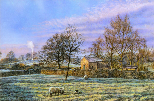 This is a signed limited edition print from an original soft pastel painting by artist Michael Howley. This scene captures the frost on the grass on a bright Spring morning with a bright blue sky and soft white clouds with shades of purple and pink. Sheep are grazing in the field and there are bare trees, a barn and a stone wall to the right. Colours throughout are bright but in pastel shades.