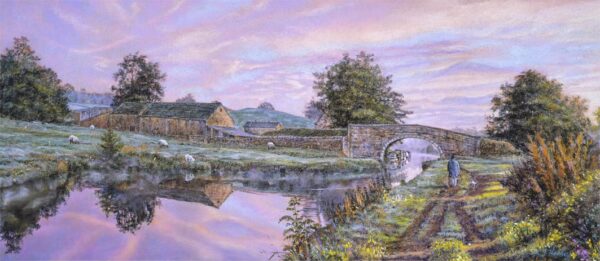 This is a signed limited edition print of an original soft pastel painting by artist Michael Howley. The subject of the painting is a figure strolling along the canal path towards a bridge and farmhouse. It is a bright morning with pastel shades of blue and pink in the sky, reflected in the canal. There is a slight frost on the ground.