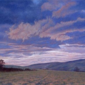 This is a signed limited edition print from an original oil painting by artist Michael Howley. Primarily a skyscape,it is a view across fields and hills to a serene evening sky with indigo blue clouds edged in pink tones which reflect the afterglow of sunset.