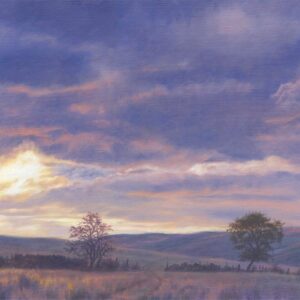 This is a signed limited edition print from an original oil painting by artist Michael Howley. In soft blue, purole and ink tones, it is a tranquil scene across fields with one or two trees to a gentle evening sky as the sun goes down.