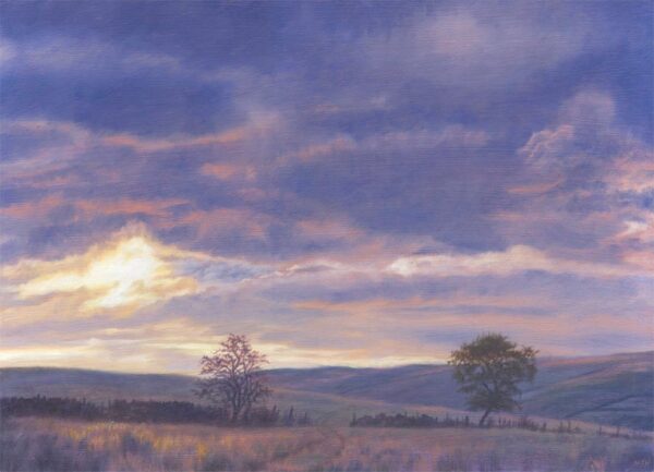 This is a signed limited edition print from an original oil painting by artist Michael Howley. In soft blue, purole and ink tones, it is a tranquil scene across fields with one or two trees to a gentle evening sky as the sun goes down.