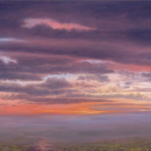 This is a signed limited edition print from an original oil painting by artist Michael Howley. This skyscape emerging out of a misty moorland landscape has a warm glow of reds and pinks at the horizon with soft blue-grey hues in the clouds.