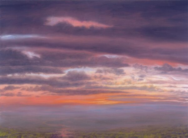 This is a signed limited edition print from an original oil painting by artist Michael Howley. This skyscape emerging out of a misty moorland landscape has a warm glow of reds and pinks at the horizon with soft blue-grey hues in the clouds.