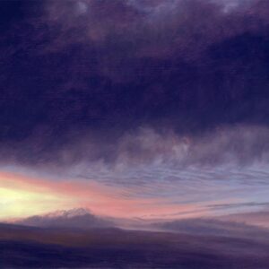 This is a signed limited edition print from an original oil painting by artist Michael Howley. A dark dramatic sky with a sunburst above the horizon dominate the image casting a shadow upon the foreground moorland. The colours range from dark indigo and purple-grey to the yellows,reds and oranges of the sunset glow. A very atmospheric moorland landscape.