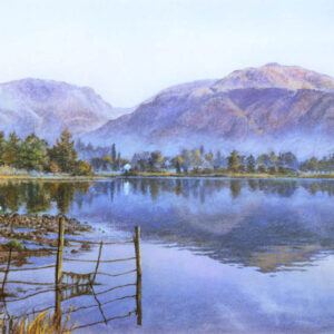 This is a signed limited edition print from an original soft pastel painting by artist Michael Howley. With a clear blue sky and cool blue reflections, this is a scene across Lake Grasmere with 2 swans on the grassy bank. There is low mist at the foot of the distant hills which are coloured in soft blues, purples and pinks.