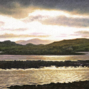 This is a signed limited edition print of an original soft pastel painting by artist Michael Howley. The subject of the painting is the shimmering evening light across the loch near Callanish Stones on the Isle of Lewis. The stretched clouds are soft purple grey, edged with warmer pink and tangerine colours and contasted against the strong white light breaking through. The land masses are dark silhouettes and purple greys and warm pinky creams are reflected in the ripples of the loch.