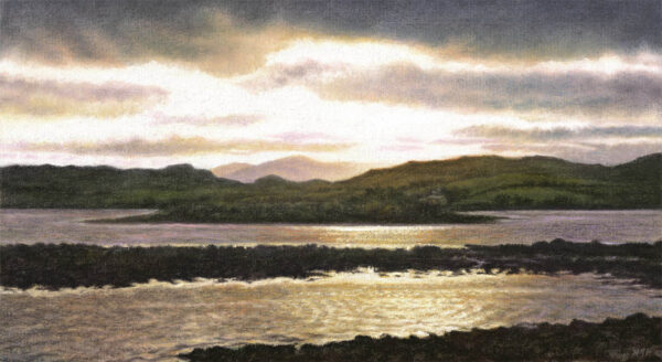 This is a signed limited edition print of an original soft pastel painting by artist Michael Howley. The subject of the painting is the shimmering evening light across the loch near Callanish Stones on the Isle of Lewis. The stretched clouds are soft purple grey, edged with warmer pink and tangerine colours and contasted against the strong white light breaking through. The land masses are dark silhouettes and purple greys and warm pinky creams are reflected in the ripples of the loch.