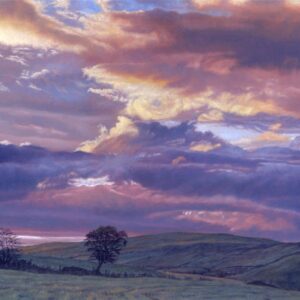 This is a signed limited edition print from an original oil painting by artist Michael Howley. The subject is largely of the beautiful skyscape with clouds which are coloured and highlighted by the evening sunlight forming a backdrop to a view across fields with the odd tree. The main colours are pinky purples, blues and soft warm golden colours of cream and yellow.