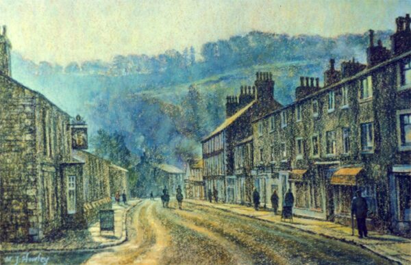 This is a signed limited edition print from an original soft pastel painting by artist Michael Howley. A nostalgic scene of people strolling along King Street on a quiet, bright, misty morning with soft blues and greens in the distance and warm stone colours in the foreground. The whole image has an atmospheric textural feel to it.