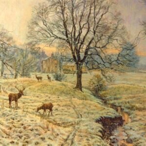 This is a signed limited edition print from an original soft pastel painting by artist Michael Howley. A beautiful still Winter's scene with winter trees, a light coating of snow on the fields and a stag and some deer grazing. Colours are of soft greens, blue-greys and warm pinky tones.