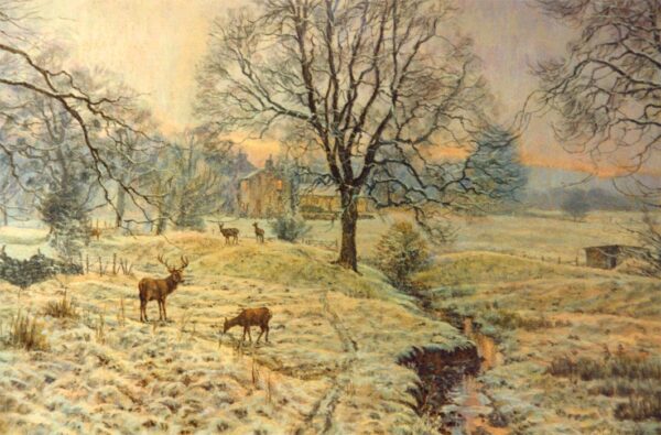 This is a signed limited edition print from an original soft pastel painting by artist Michael Howley. A beautiful still Winter's scene with winter trees, a light coating of snow on the fields and a stag and some deer grazing. Colours are of soft greens, blue-greys and warm pinky tones.