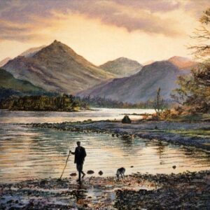 This is a signed limited edition print from an original soft pastel painting by artist Michael Howley. A farmer and his dog are heading home against the backdrop of low glowing sunlight over Derwentwater. The sky has hues of soft purple greys and pinks and the sunlight is reflected in the water.