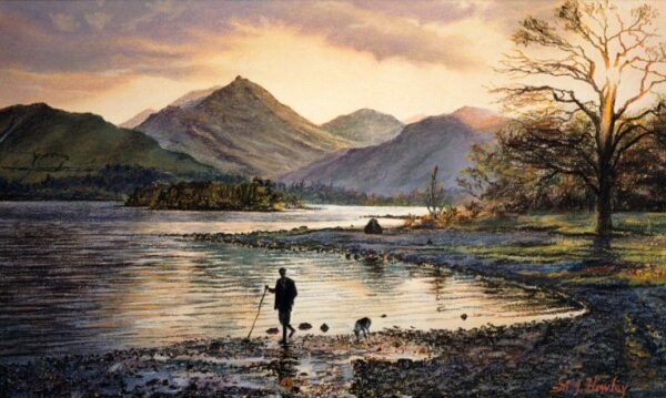 This is a signed limited edition print from an original soft pastel painting by artist Michael Howley. A farmer and his dog are heading home against the backdrop of low glowing sunlight over Derwentwater. The sky has hues of soft purple greys and pinks and the sunlight is reflected in the water.