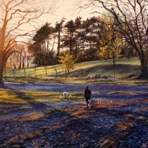 This is a signed limited edition print from an original soft pastel painting by artist Michael Howley. Sunlight glows through trees as a farmer and his dog shepherd sheep and lambs home along the banks of Derwentwater. Colours range from warm reds and oranges from the sun to cool blue shadows in the foreground.